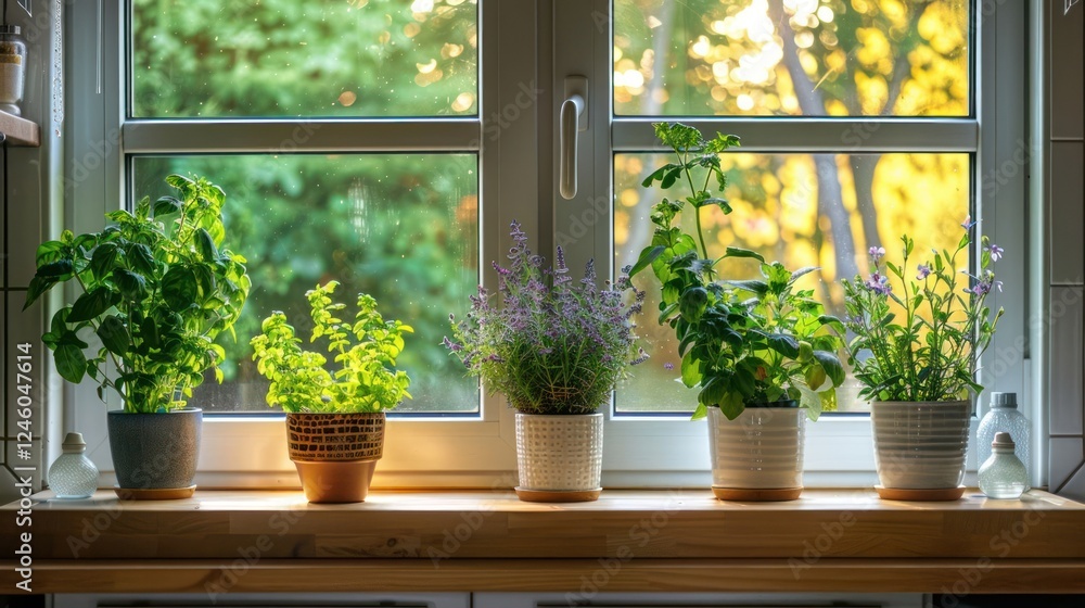 Lush green herbs in decorative pots arranged on a sunlit kitchen windowsill, creating a serene atmosphere Lush green herbs in decorative pots arranged on a sunlit kitchen windowsill, creating a serene atmosphere