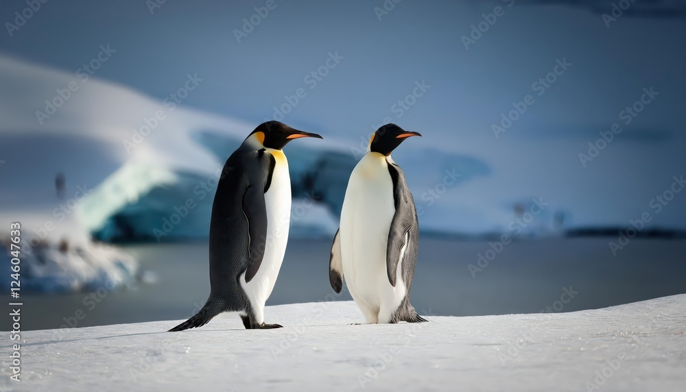 Fototapeta premium Striking Encounter of Two Majestic Emperor Penguins on SnowCovered Snow Hill Island in Antarctica at Twilight