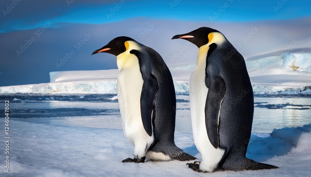 Naklejka premium Majestic Emperor Penguins on Snowy Antarctic Ice Cap Two Regal Birds Gathering in the Frosty Wilderness at Snow Hill Island, Antarctica