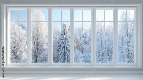 Frosted trees create a serene winter view from a spacious room featuring expansive windows in a bright atmosphere