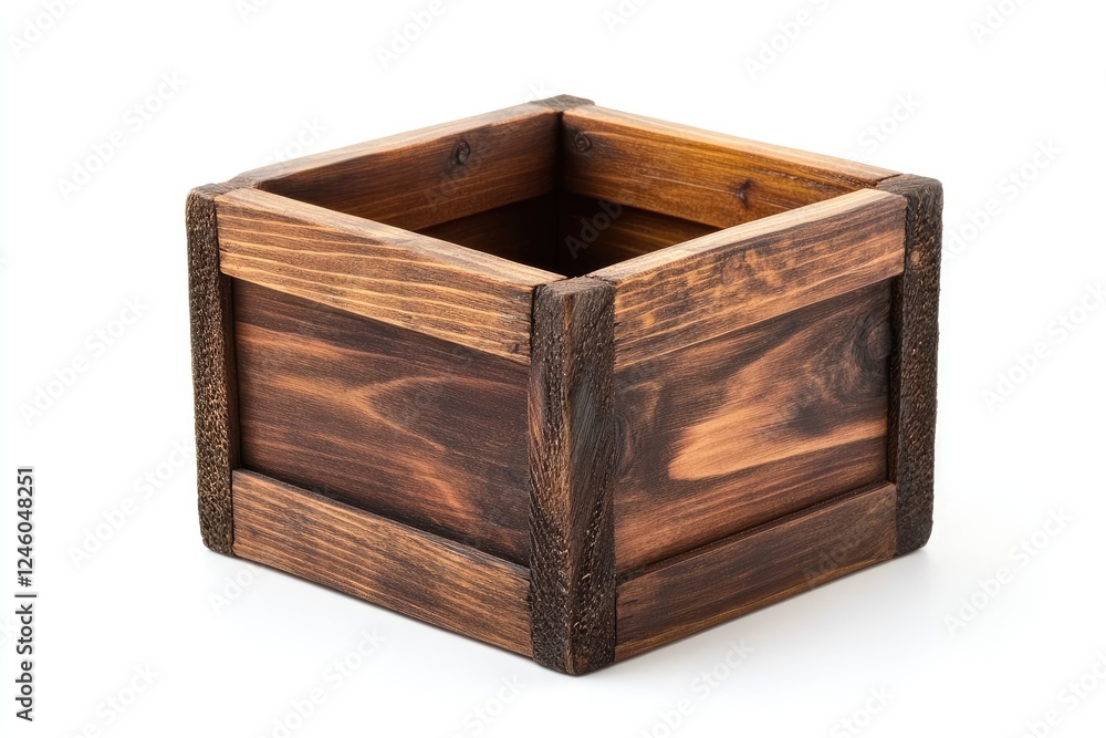 A dark brown wooden square box sits empty A dark brown wooden square box sits empty
