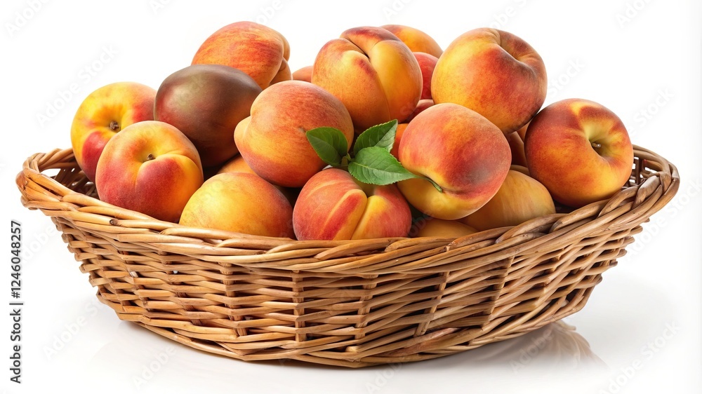 Fresh peaches arranged in a wicker basket on a white background Fresh peaches arranged in a wicker basket on a white background