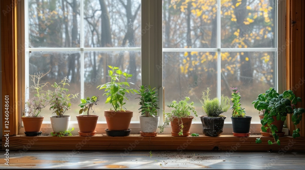 A serene window view showcasing various potted plants on a wooden sill with autumn foliage outside A serene window view showcasing various potted plants on a wooden sill with autumn foliage outside