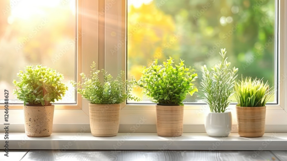 Five potted plants arranged on a windowsill, basking in sunlight with a blurred garden view outside Five potted plants arranged on a windowsill, basking in sunlight with a blurred garden view outside