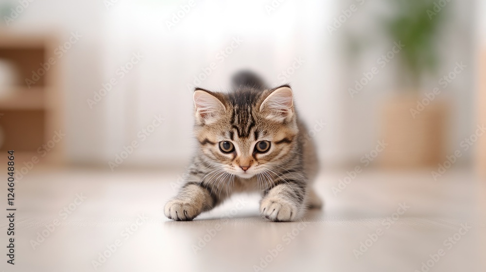 Playful kitten stalking its target on a wooden floor in a bright, cozy living room setting Playful kitten stalking its target on a wooden floor in a bright, cozy living room setting