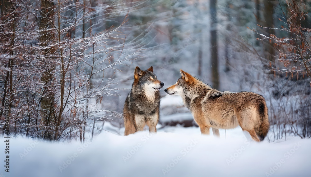 Enthralling Winter Scene Two Majestic Wolves Amidst the Tranquil Beauty of a SnowCovered Forest, Capturing the Serene Charm and Mystique of a Winters Day in the Wilderness. Enthralling Winter Scene Two Majestic Wolves Amidst the Tranquil Beauty of a SnowCovered Forest, Capturing the Serene Charm and Mystique of a Winters Day in the Wilderness.
