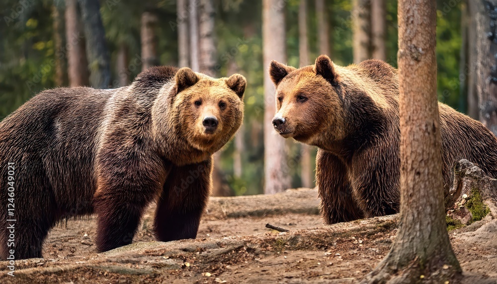 Majestic Brown Bears Roam Abundant Forest Habitat Two Gigantic Bears Encounter in Wilderness at Dusk, Highlighting the Beauty and Peril of Nature Majestic Brown Bears Roam Abundant Forest Habitat Two Gigantic Bears Encounter in Wilderness at Dusk, Highlighting the Beauty and Peril of Nature