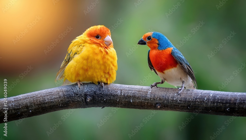 Vibrant Duo Two Colorful Birds Perched Serenely on a Branch Against a Wintery Backdrop at Dusk,3. Vibrant Duo Two Colorful Birds Perched Serenely on a Branch Against a Wintery Backdrop at Dusk,3.