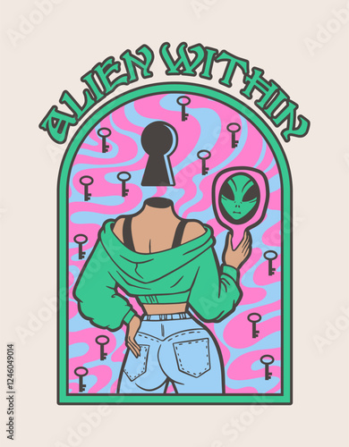 alien girl looking in mirror, psychedelic print on t-shirt, alien within