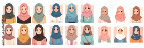 set of vector avatars of women with hijab