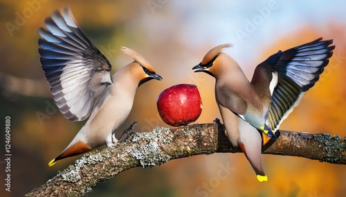 Vivid Autumn Battle Between Two Bohemian Waxwings Over a Luscious Apple Amidst the Amber and Crimson Leaves photo