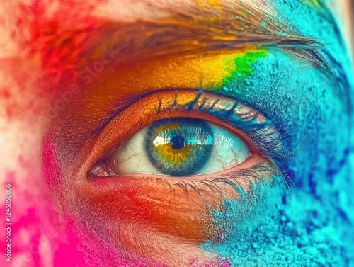 Holi festival, close up of the eye of a face covered in colored powders