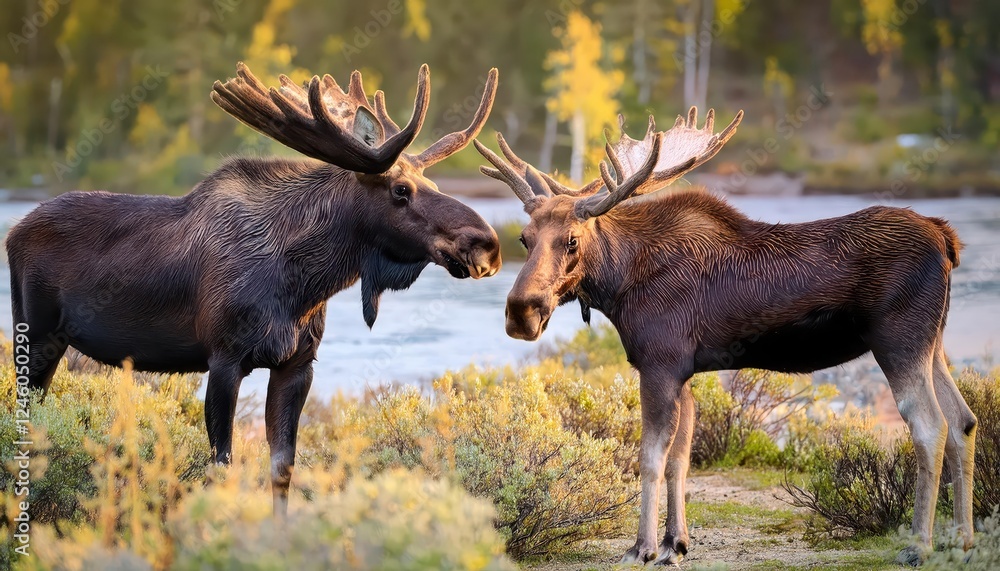 Majestic Bull Moose Duo in Snowy Forest Powerful Mammals Roam Peacefully Amidst Winter Wonderland, Showcasing the Beauty and Tranquility of North American Wilderness Majestic Bull Moose Duo in Snowy Forest Powerful Mammals Roam Peacefully Amidst Winter Wonderland, Showcasing the Beauty and Tranquility of North American Wilderness