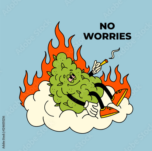 cannabis bud lies on a cloud with fire blazing around, no worries