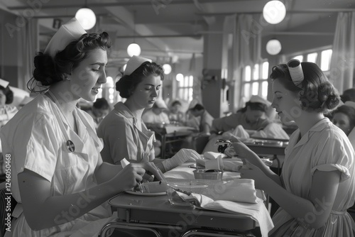 Nurses providing care to patients in a historic hospital ward during the mid-20th century