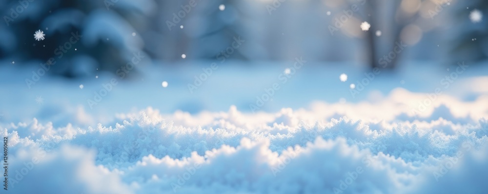 Snowflakes gently fall on the pristine white carpet, serene, icy Snowflakes gently fall on the pristine white carpet, serene, icy