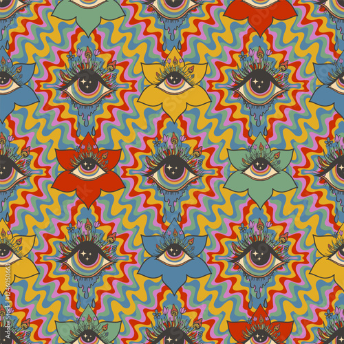 psychedelic seamless pattern flowers with eyes
