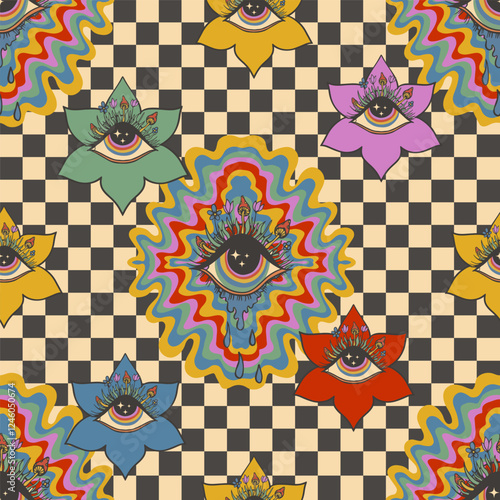 psychedelic seamless pattern flowers with eyes, checkered