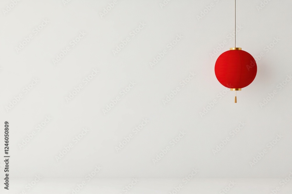 Obraz premium Red decorative lantern hanging against a minimalistic white background, symbolizing celebration and culture, perfect for seasonal events and festivities