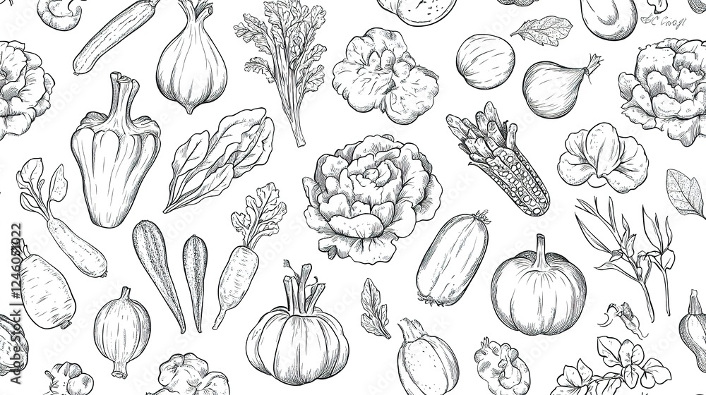 Seamless vegetable pattern with hand-drawn doodle line art, isolated on a white background Seamless vegetable pattern with hand-drawn doodle line art, isolated on a white background
