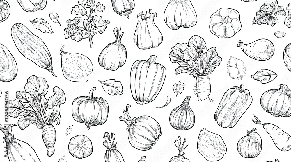 Seamless vegetable pattern with hand-drawn doodle line art, isolated on a white background Seamless vegetable pattern with hand-drawn doodle line art, isolated on a white background