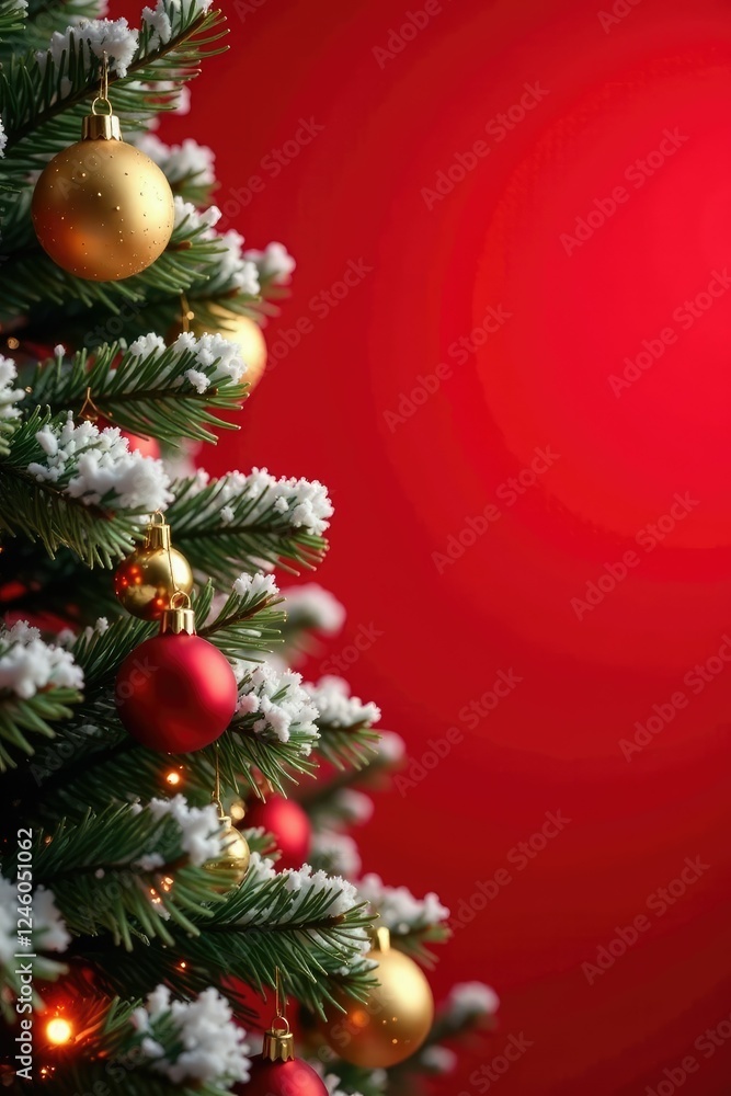 Snowy pine branches with golden ornaments against a bright red background, gold, Christmas tree Snowy pine branches with golden ornaments against a bright red background, gold, Christmas tree
