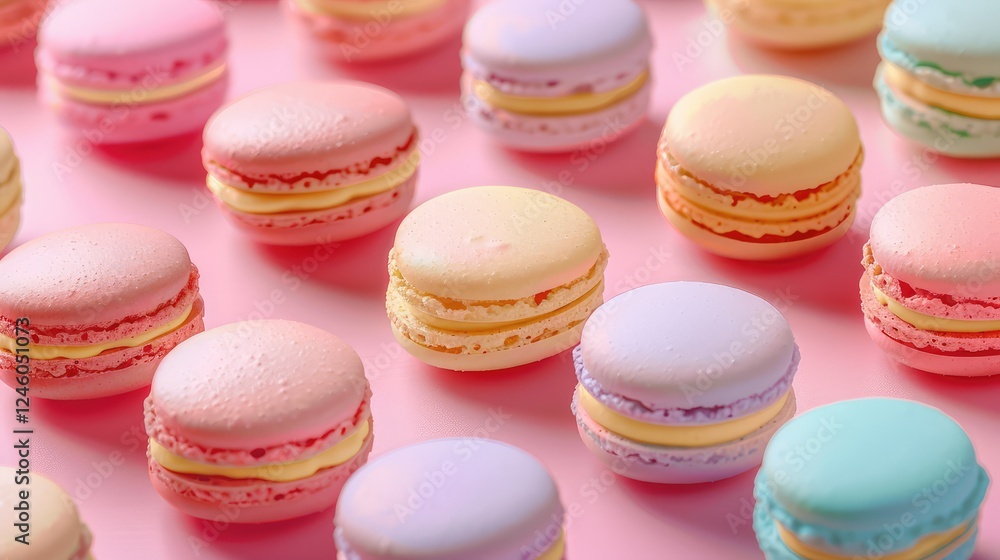 Bright flatlay of colorful macarons on a vibrant background. Bright flatlay of colorful macarons on a vibrant background.