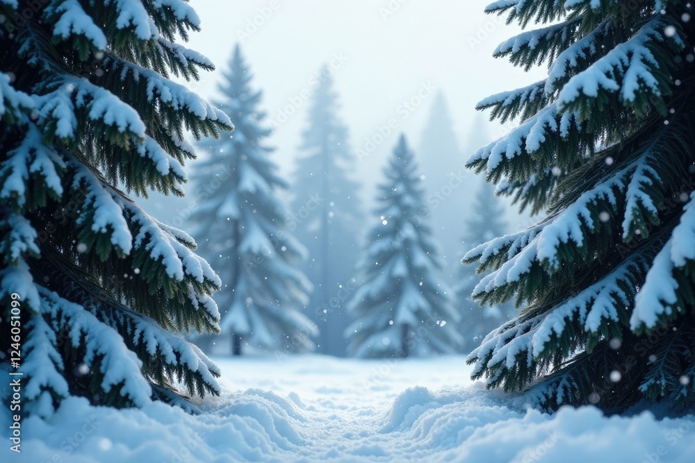 Snowflakes gently fall on towering evergreens, nature, Frosty forest landscape Snowflakes gently fall on towering evergreens, nature, Frosty forest landscape