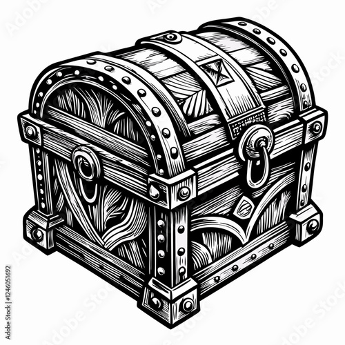 Intricate Vintage Treasure Chest Illustration in Black and White