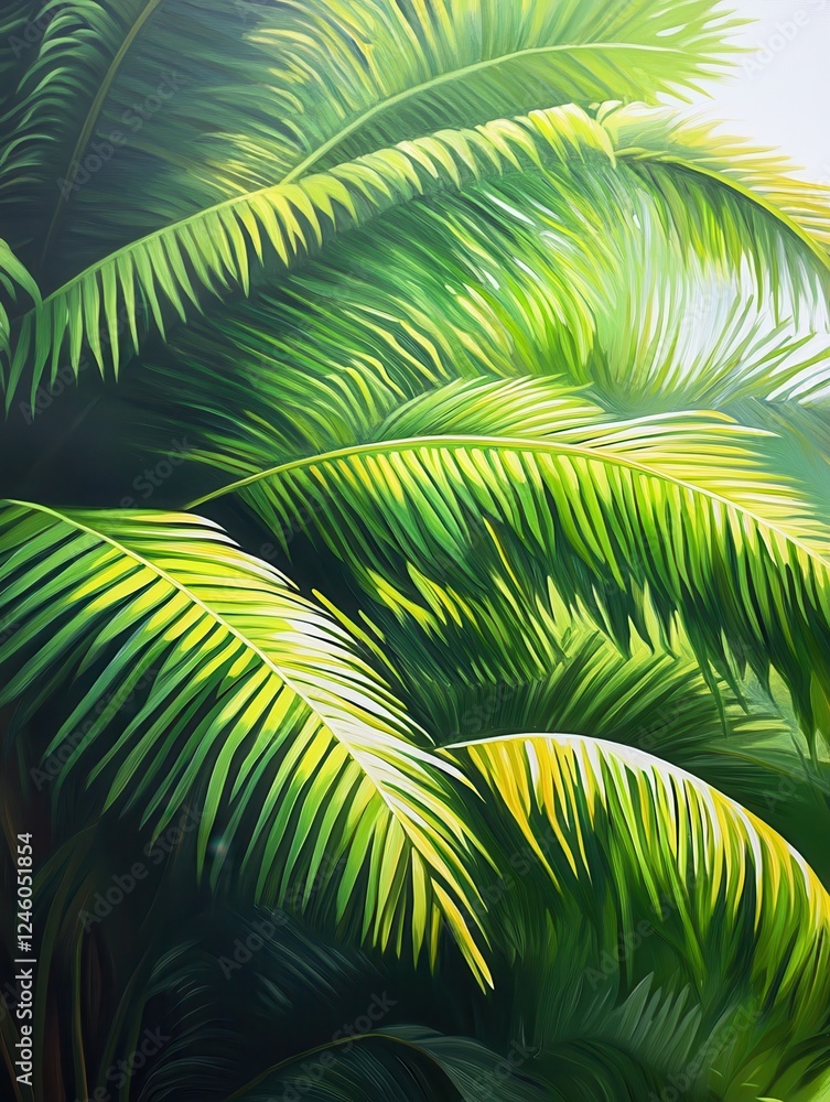 Obraz premium Close-up of palm tree fronds gently swaying in the breeze, their bright green leaves catching the sunlight in a tropical paradise