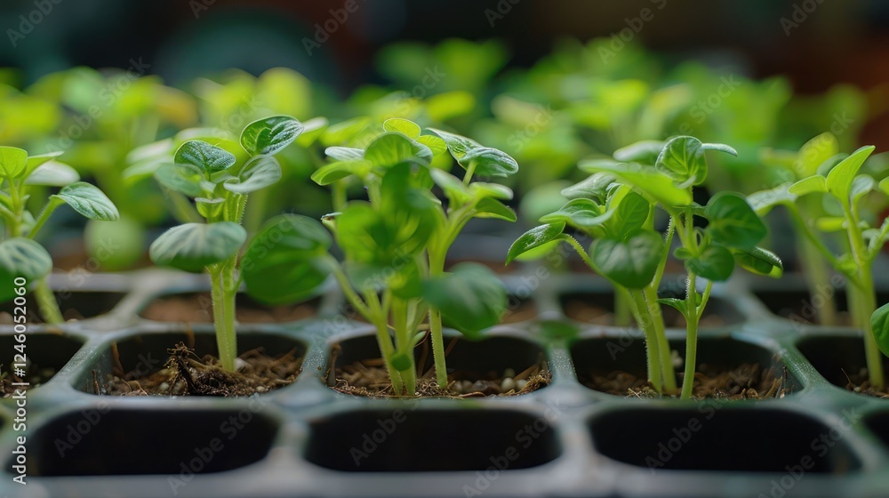 Close-up of vibrant green seedlings growing in trays, showcasing healthy plant development indoors Close-up of vibrant green seedlings growing in trays, showcasing healthy plant development indoors