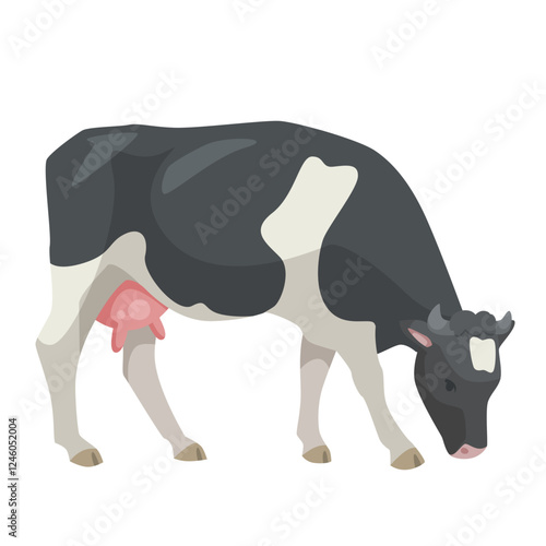 A black and white cow grazing, depicted in a flat graphic style, on a white background. Concept of livestock and agriculture. Vector illustration.