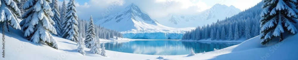Snowy firn with a glacier in the background and trees, landscape, scenery, water Snowy firn with a glacier in the background and trees, landscape, scenery, water