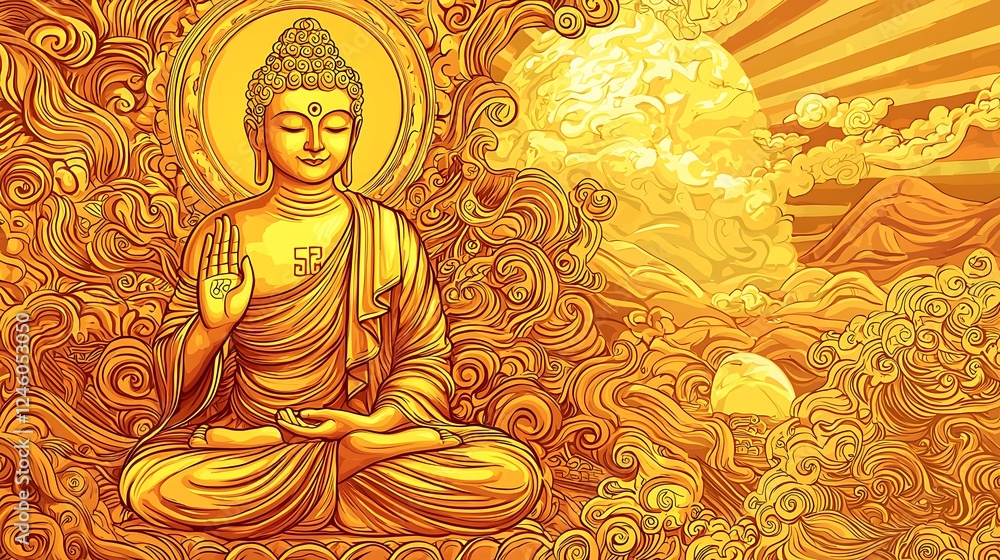 Golden Buddha in Ornate Mandala Setting Spiritual Art Golden Buddha in Ornate Mandala Setting Spiritual Art