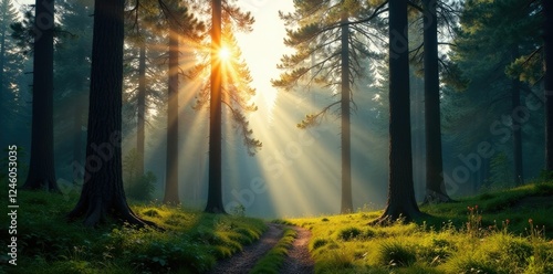 Wallpaper Mural Towering spruce trees in a serene forest landscape, morning sunlight, tall trees Torontodigital.ca