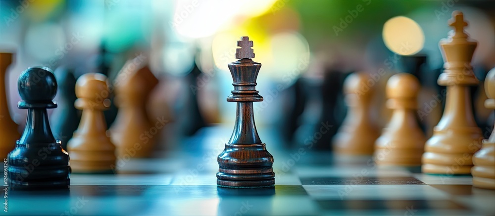 Chessboard with black king piece in focus, surrounded by blurred white and black pawns, soft colorful background emphasizing strategic thinking. Chessboard with black king piece in focus, surrounded by blurred white and black pawns, soft colorful background emphasizing strategic thinking.