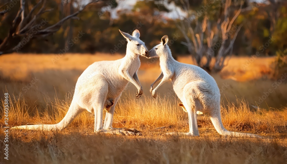 Intense Encounter Two Kangaroboxes Fiercely Clashing amidst a Sea of Golden Dry Grassland under the Warm Australian Outback Sunset Intense Encounter Two Kangaroboxes Fiercely Clashing amidst a Sea of Golden Dry Grassland under the Warm Australian Outback Sunset