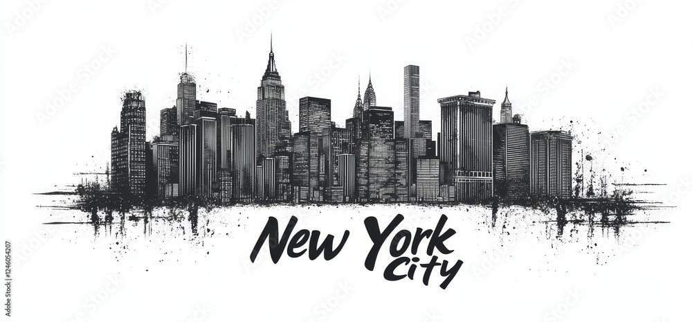 Obraz premium Outline of New York City skyline featuring iconic buildings and structures in an artistic design