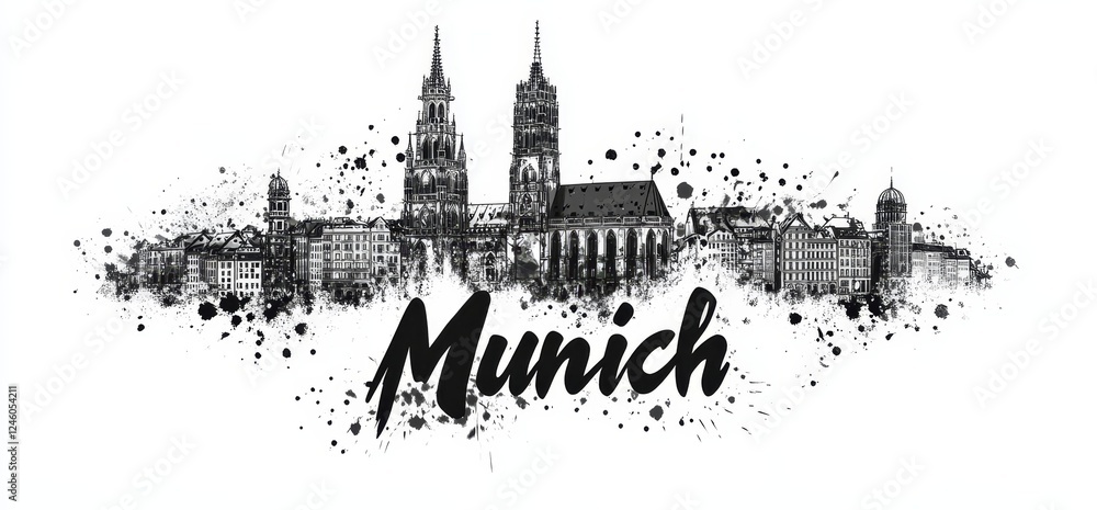 Obraz premium Artistic depiction of Munich skyline showcasing historic architecture and urban landscape in black and white