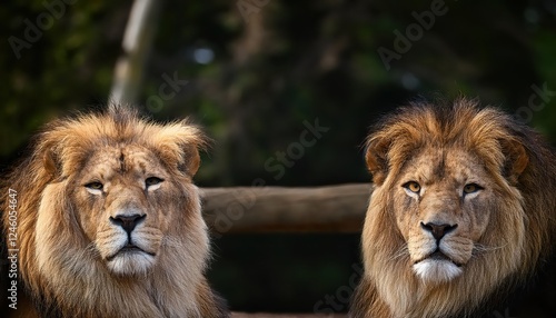 Majestic Lions in Harmony A Captivating Encounter between Two Kings of the Pride, Set Amidst a Vibrant Zoo or Wildlife Backdrop photo