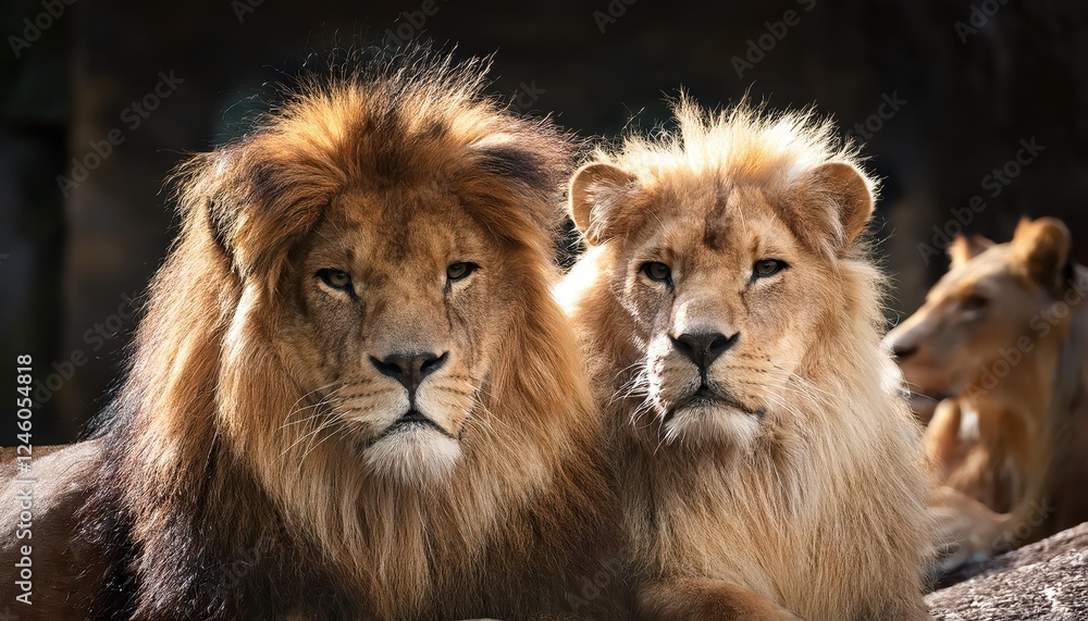 Majestic Lions Stand Side by Side in Serene Wildlife Sanctuary, Showcasing Power and Camaraderie Under the Open Sky Majestic Lions Stand Side by Side in Serene Wildlife Sanctuary, Showcasing Power and Camaraderie Under the Open Sky