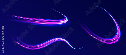 Creative vector illustration of flying cosmic meteor, planetoid, comet, fireball isolated on transparent background. Effect, png, wave,neon,line. Light arc in neon colors, in the form of a turn.