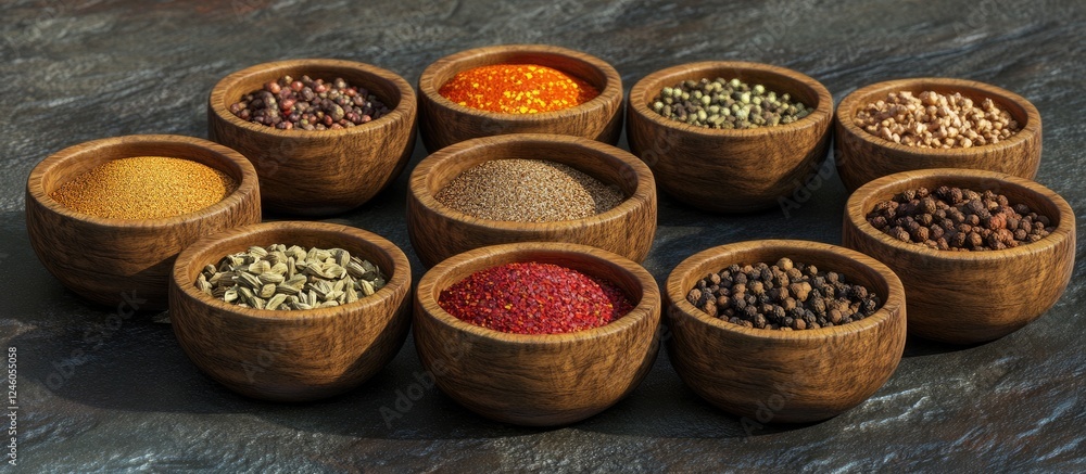 Wooden bowls filled with diverse spices arranged in a semicircle on a textured dark stone surface with ample empty space for text. Wooden bowls filled with diverse spices arranged in a semicircle on a textured dark stone surface with ample empty space for text.