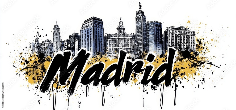 Obraz premium Artistic illustration of Madrid skyline showcasing iconic buildings and vibrant colors