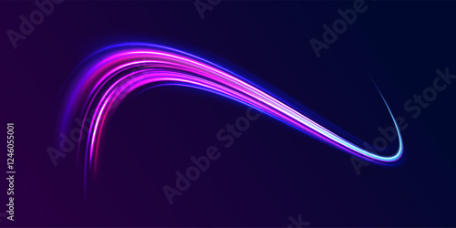 Creative vector illustration of flying cosmic meteor, planetoid, comet, fireball isolated on transparent background. Effect, png, wave,neon,line. Light arc in neon colors, in the form of a turn.