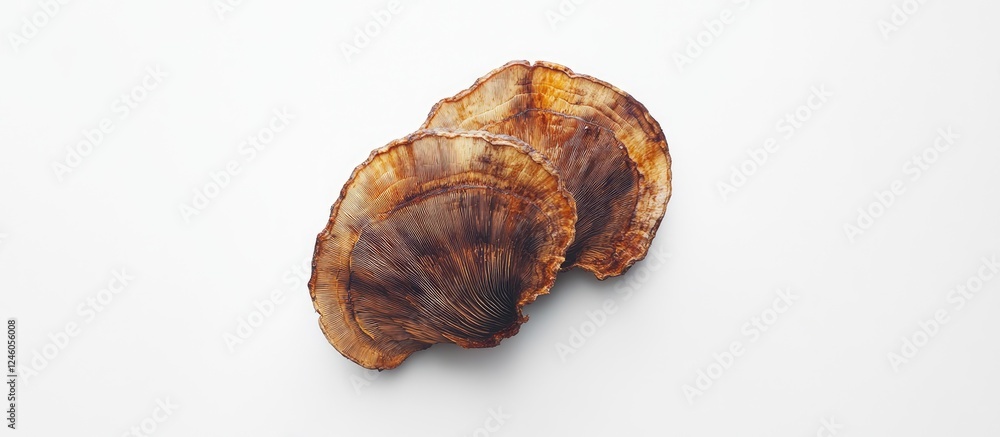 Wild Turkey Tail Mushrooms in natural earthy tones on a white background showcasing their unique spiral shape as a nutritious food choice Wild Turkey Tail Mushrooms in natural earthy tones on a white background showcasing their unique spiral shape as a nutritious food choice