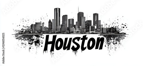 Houston skyline illustrated in black and white with splashes of paint capturing the city?s urban essence during the day