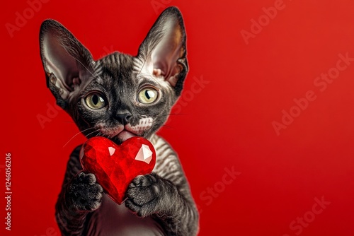 Digital ads concept pattern. Cute cornish rex baby cat with diamond red heart - sign of love, funny greeting card. Cornish rex - my treasured cat. Heart-shaped kitten photo. Fluffy cat.