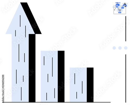 Three vertical bars of varying heights, with the tallest bar represented as an upward arrow. Ideal for business growth, performance metrics, financial success, market analysis, progress tracking