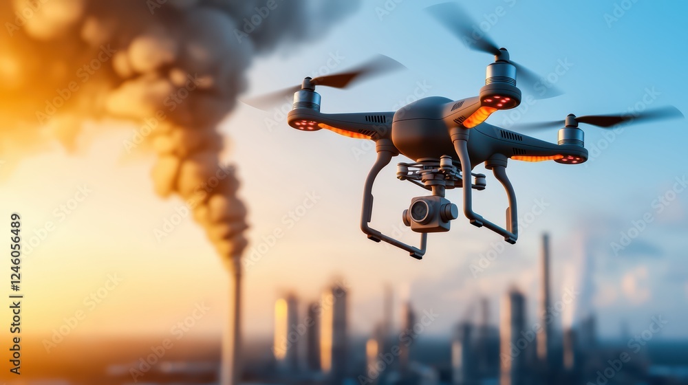 Drone Flying Over Industrial Area with Smoke and Skyline at Sunset Drone Flying Over Industrial Area with Smoke and Skyline at Sunset